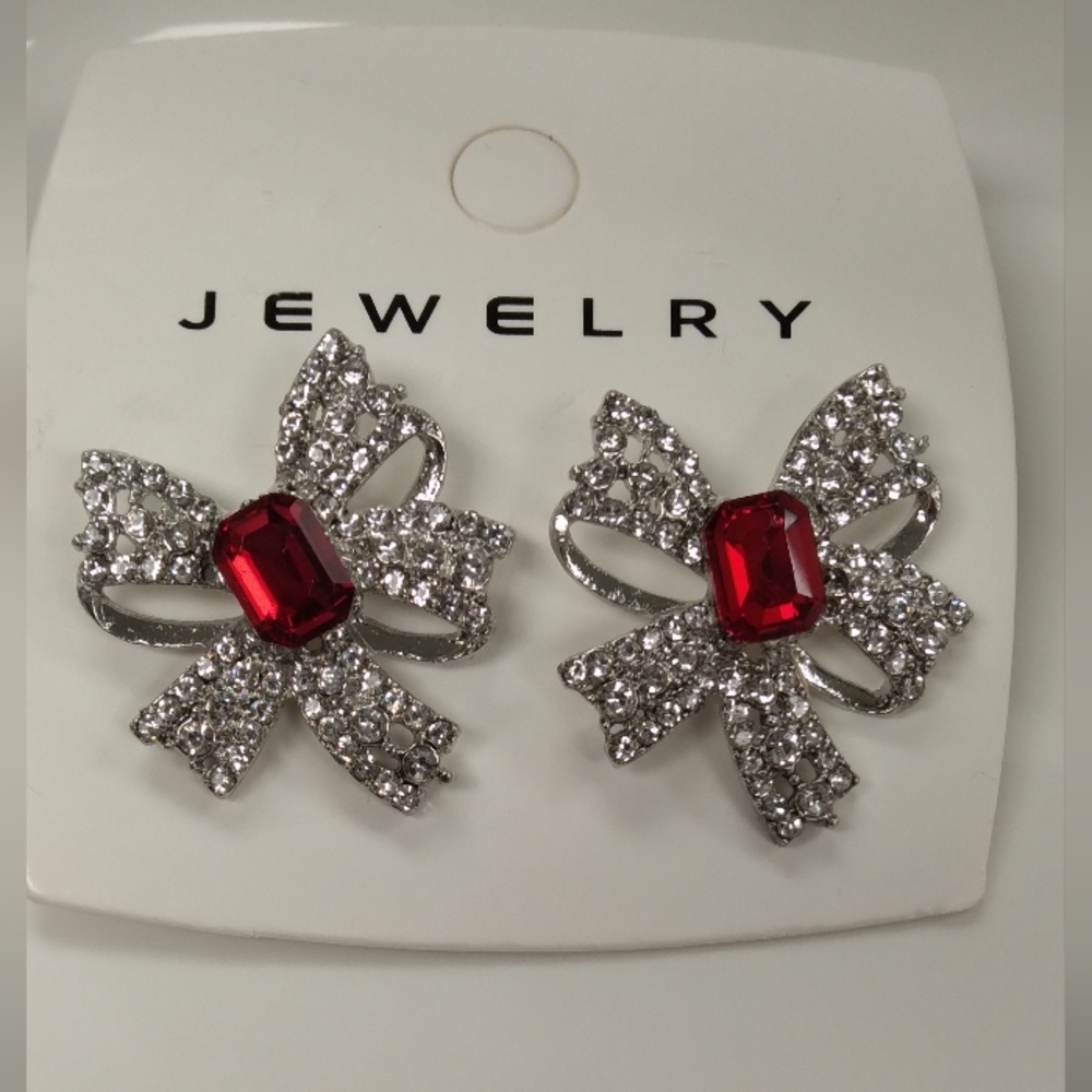 Silver Bow with Red Gem Earrings